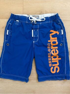 Superdry Tokyo Men's Royal Blue Swim Shorts with Orange Logo Pockets Cargo S